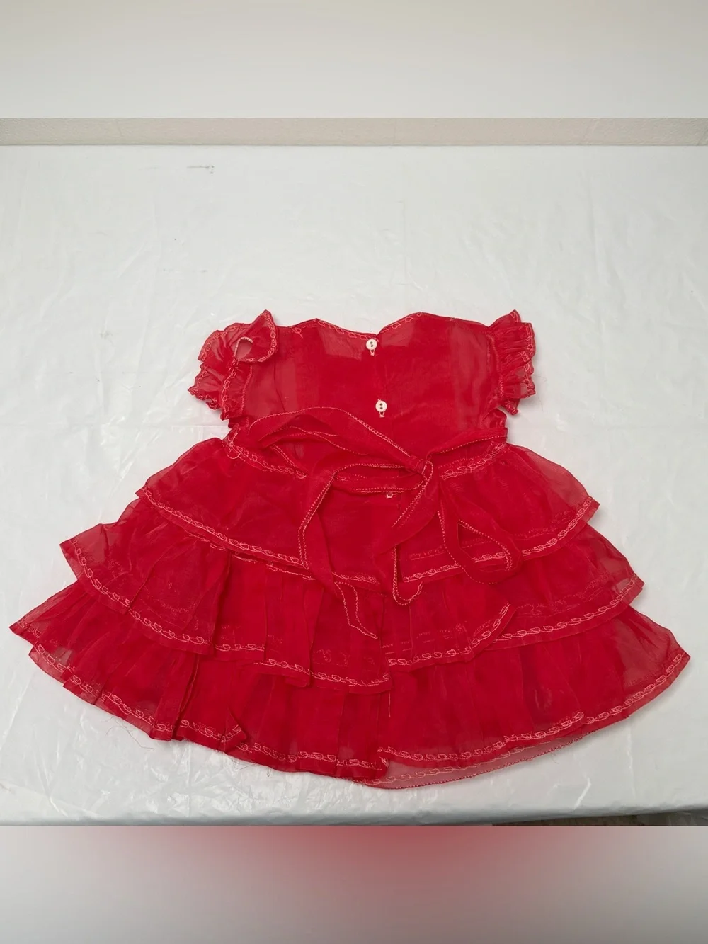 Vintage Handmade Baby Girls Red Tiered Ruffle Dress Tulle White Stitching  There